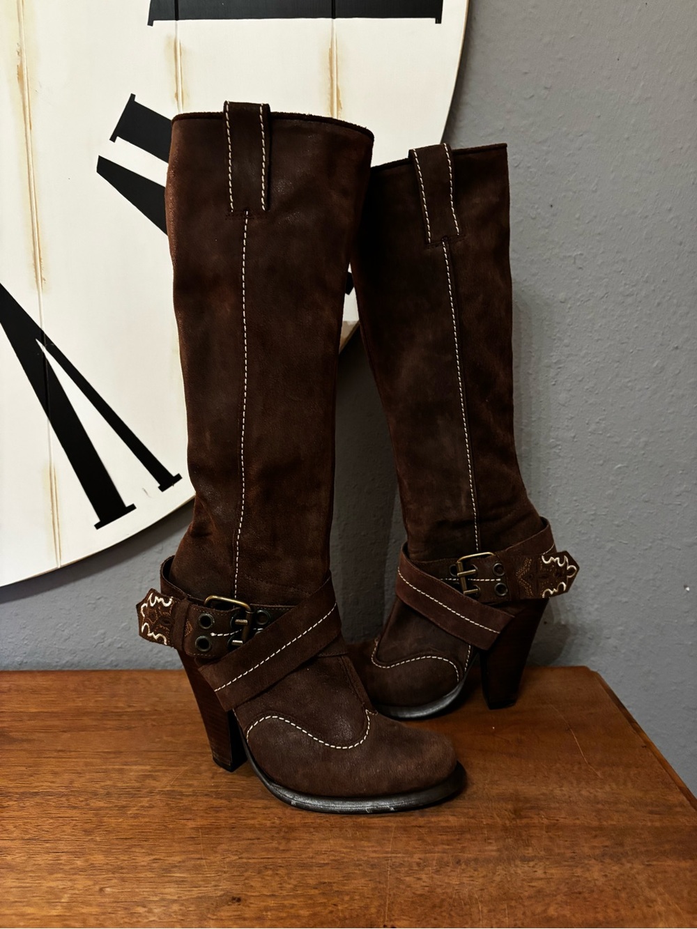 Vintage Antik Denim "Wake" Brown Leather Knee High Western Boots - Size 8